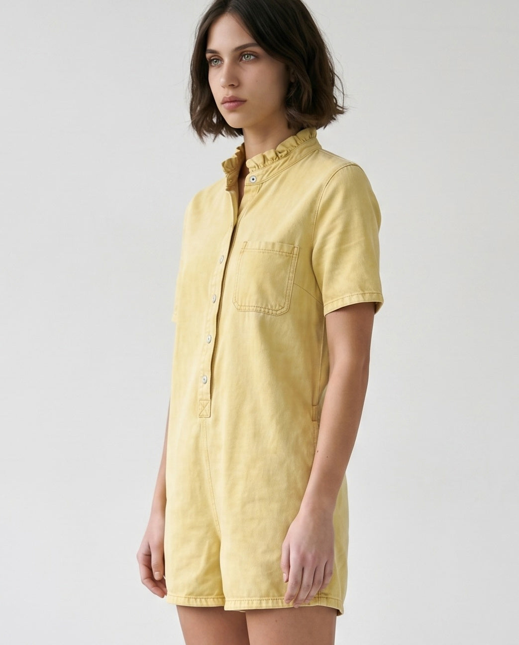 IRIT | Ruffle Short Overalls | Washed Yellow
