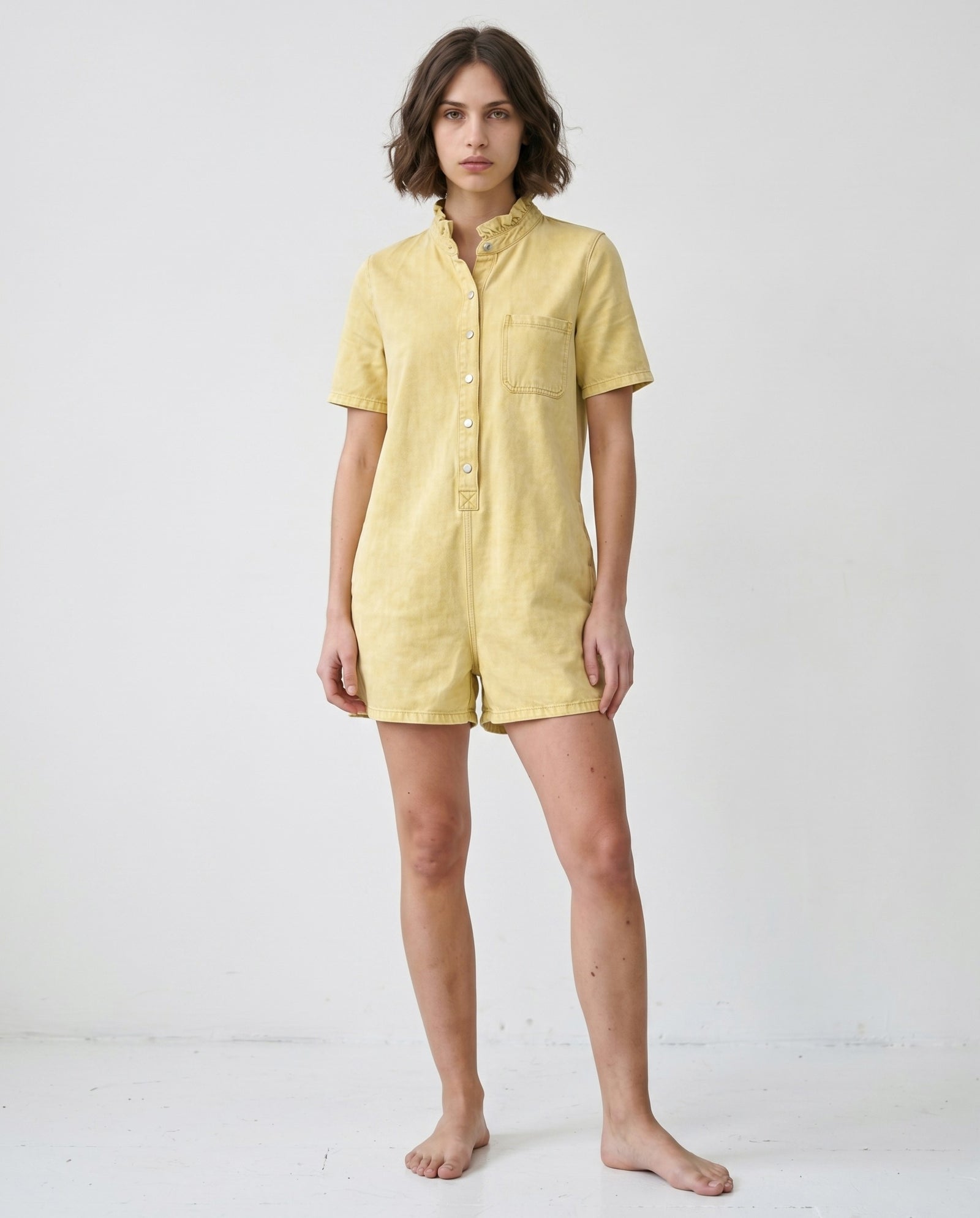 IRIT | Ruffle Short Overalls | Washed Yellow