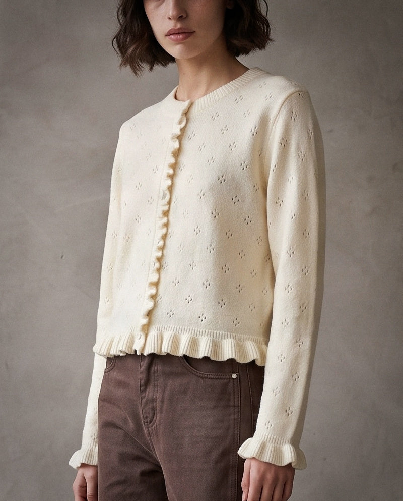BALANCA | Pointelle Ruffle Cardi | Cream