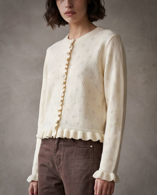 BALANCA | Pointelle Ruffle Cardi | Cream