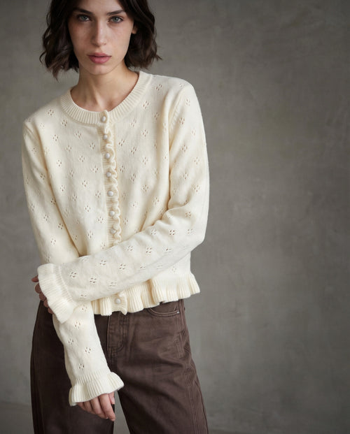 BALANCA | Pointelle Ruffle Cardi | Cream