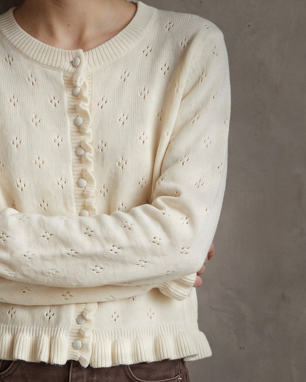 BALANCA | Pointelle Ruffle Cardi | Cream