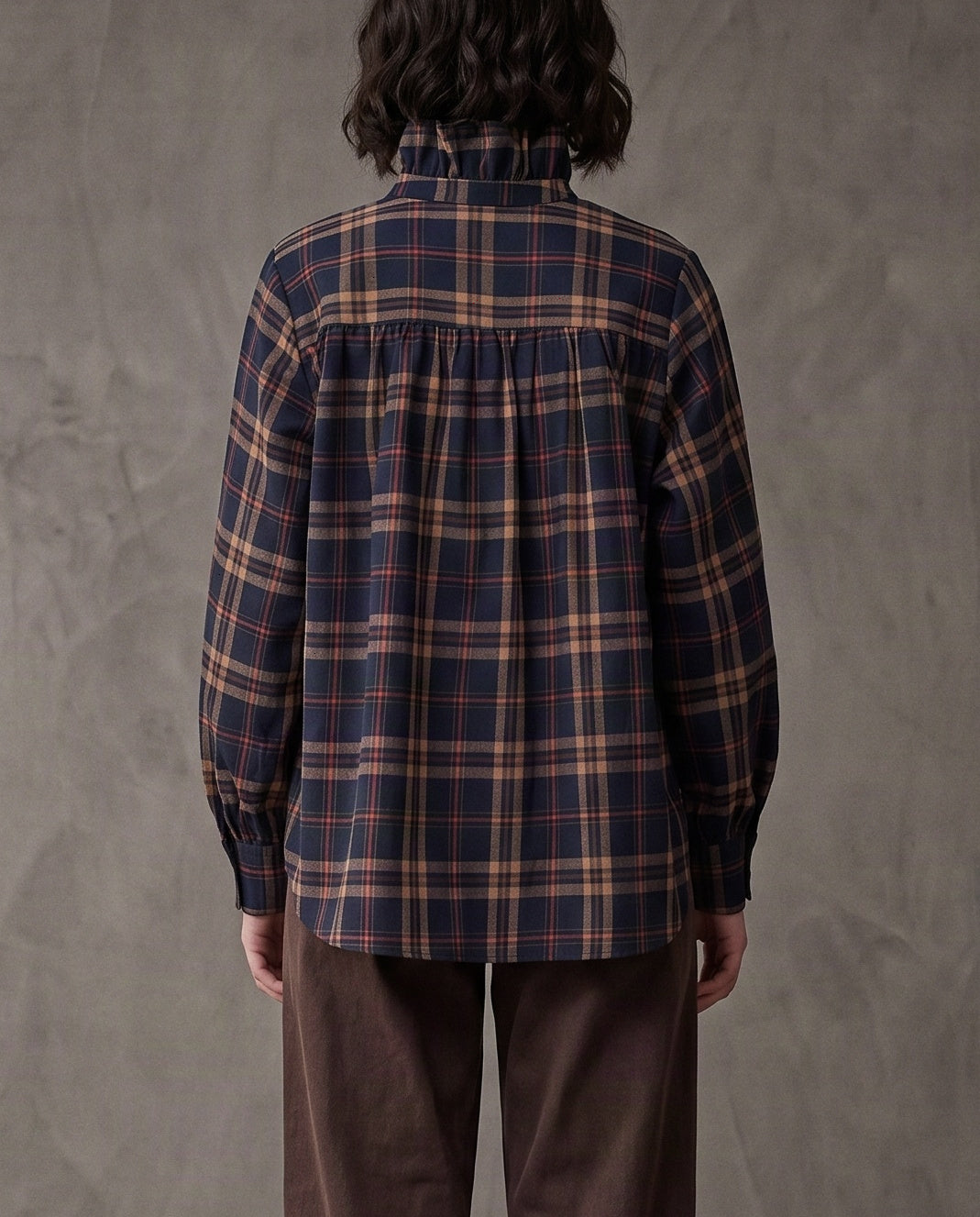 VICTORIE | Ruffle Collar Shirt | Navy Check