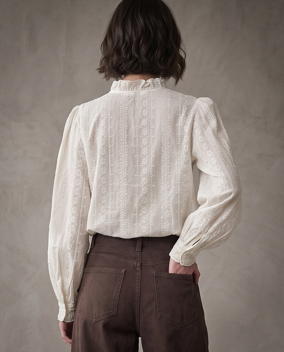 AGNES | Embroidered Ruffle Blouse | Ecru