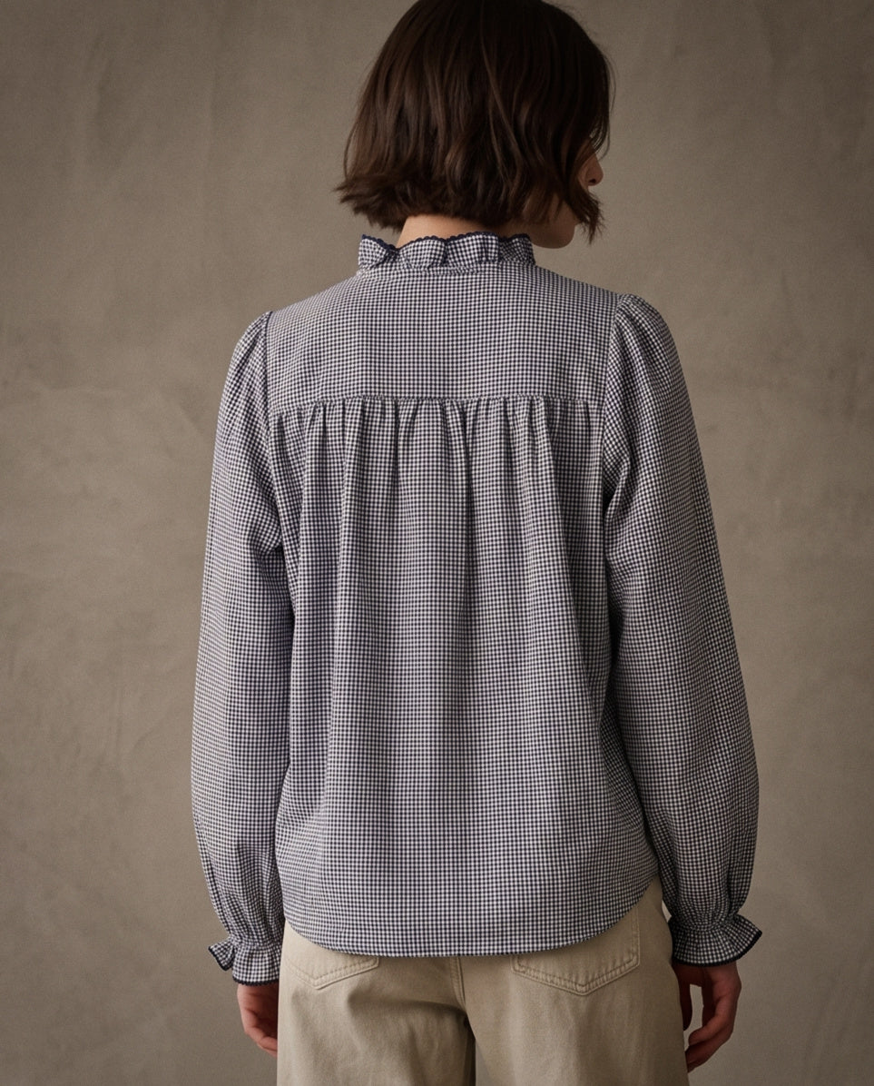 NOTO | Embroidered Blouse | Navy Gingham