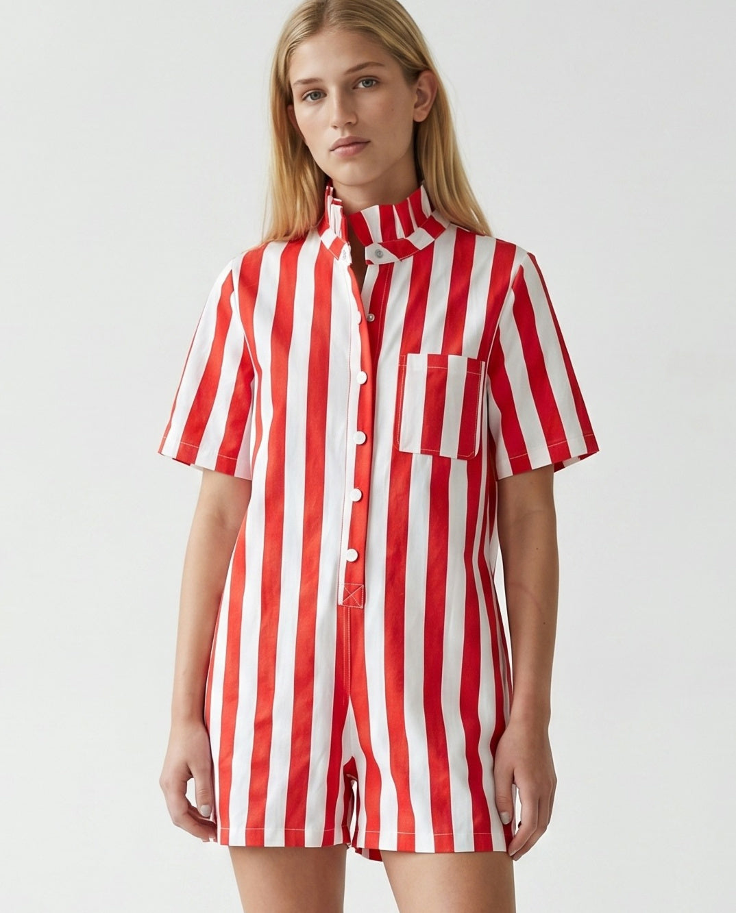 IRIT | Ruffle Short Overalls | Red Stripes