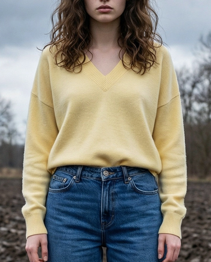 NATANIA | Cashmere Enriched Deep V Neck | Pale Yellow