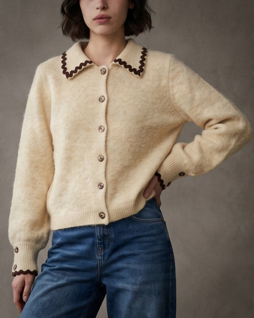 BRONTE | Ric-Rac Collar Cardigan | Cream