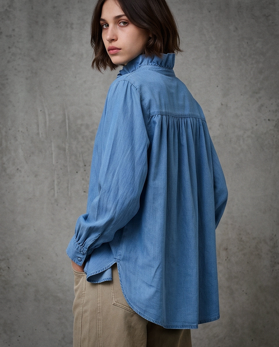 EILA | Ruffle Collar Shirt | Blue Denim