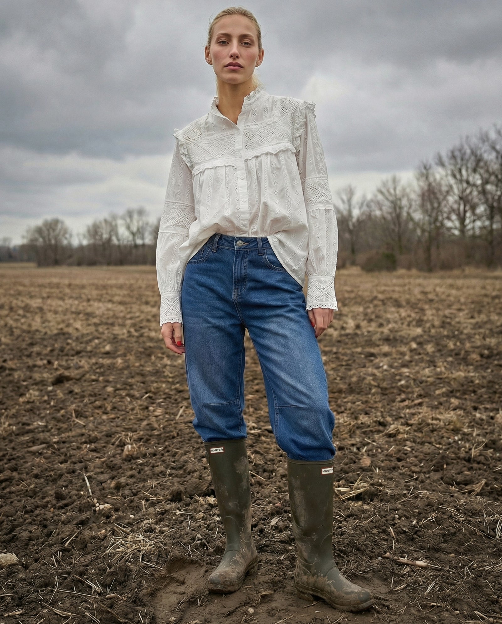GISSE | Ruffle & Embroidery Shirt | White