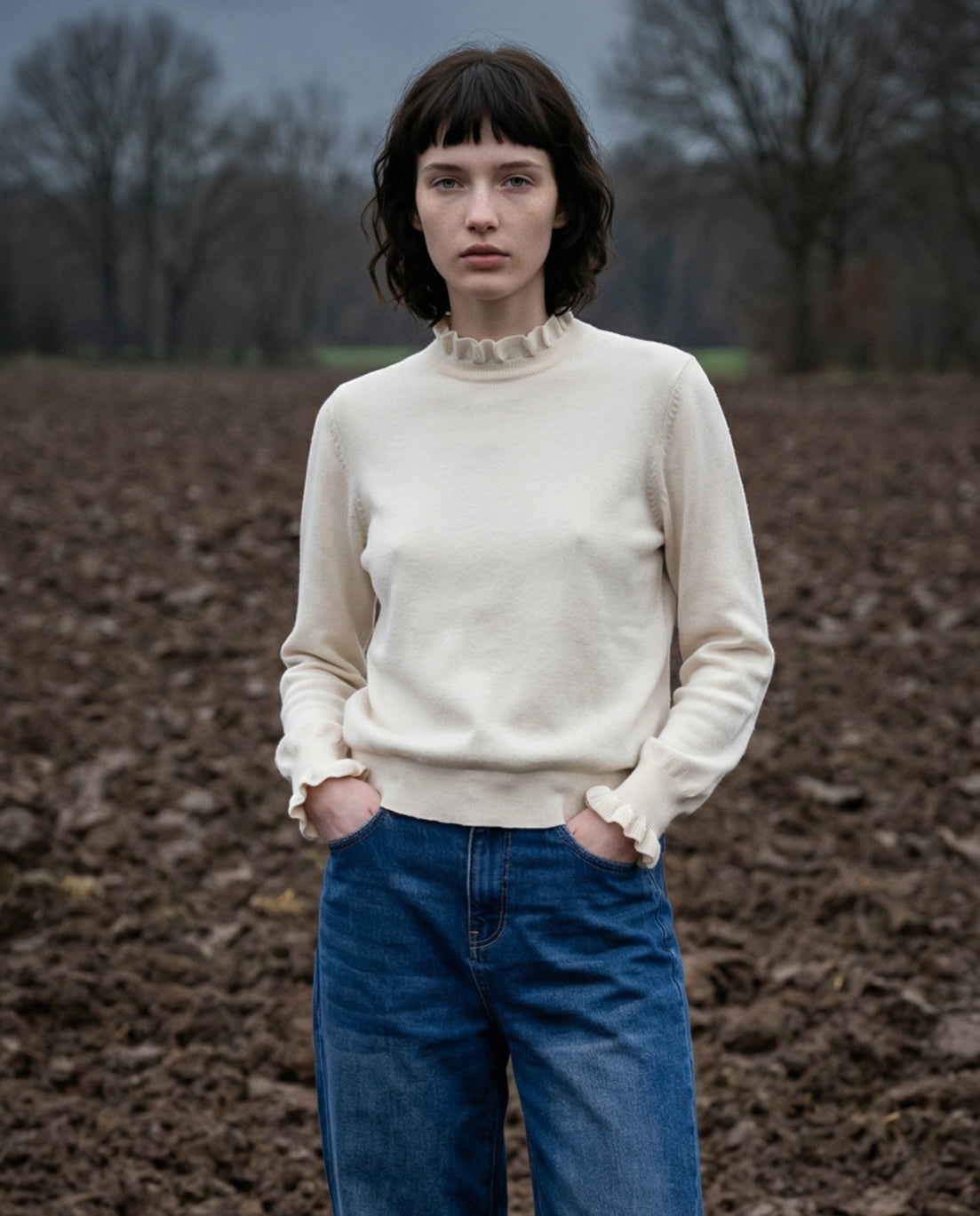 OFRIA | Ruffle Collar Fine Knit Jumper | Ecru