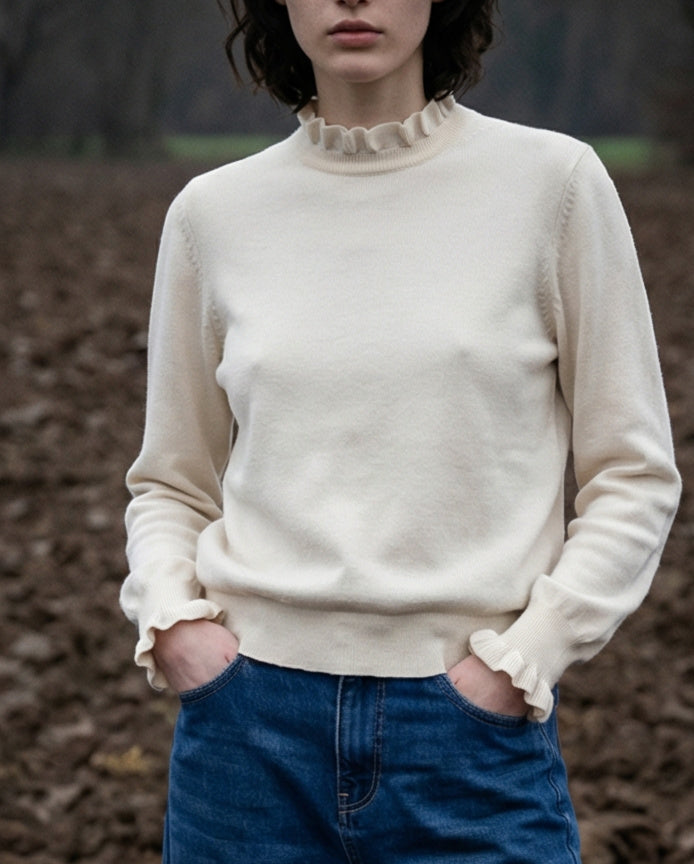 OFRIA | Ruffle Collar Fine Knit Jumper | Ecru