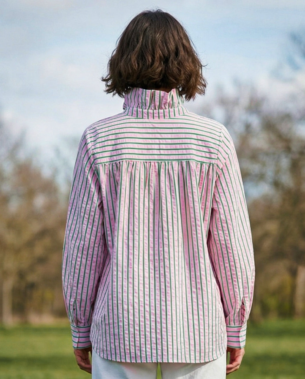 TIVA | Ruffle Collar Shirt | Pink & Green