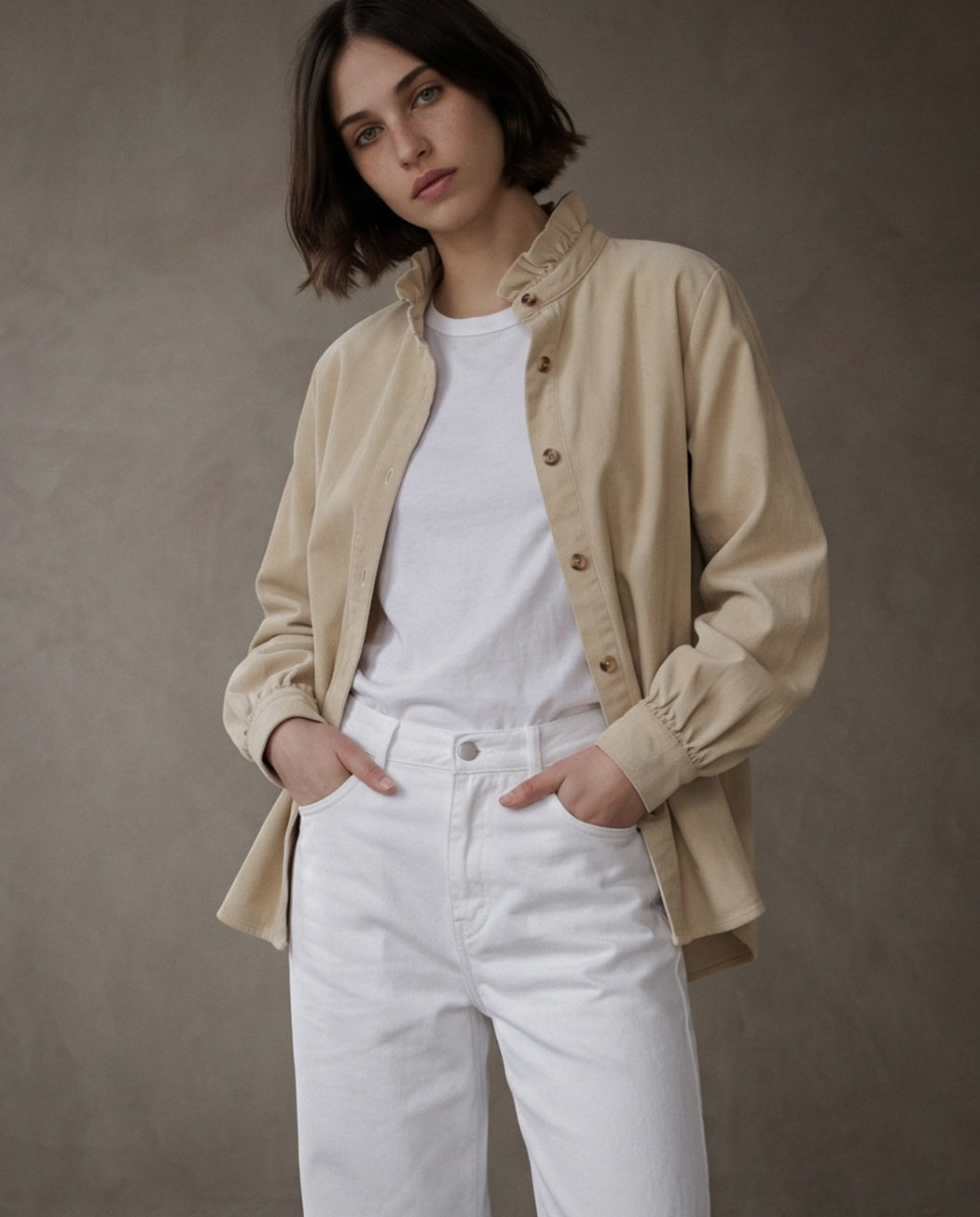 SHIRI | Ruffle Collar Overshirt | Ecru