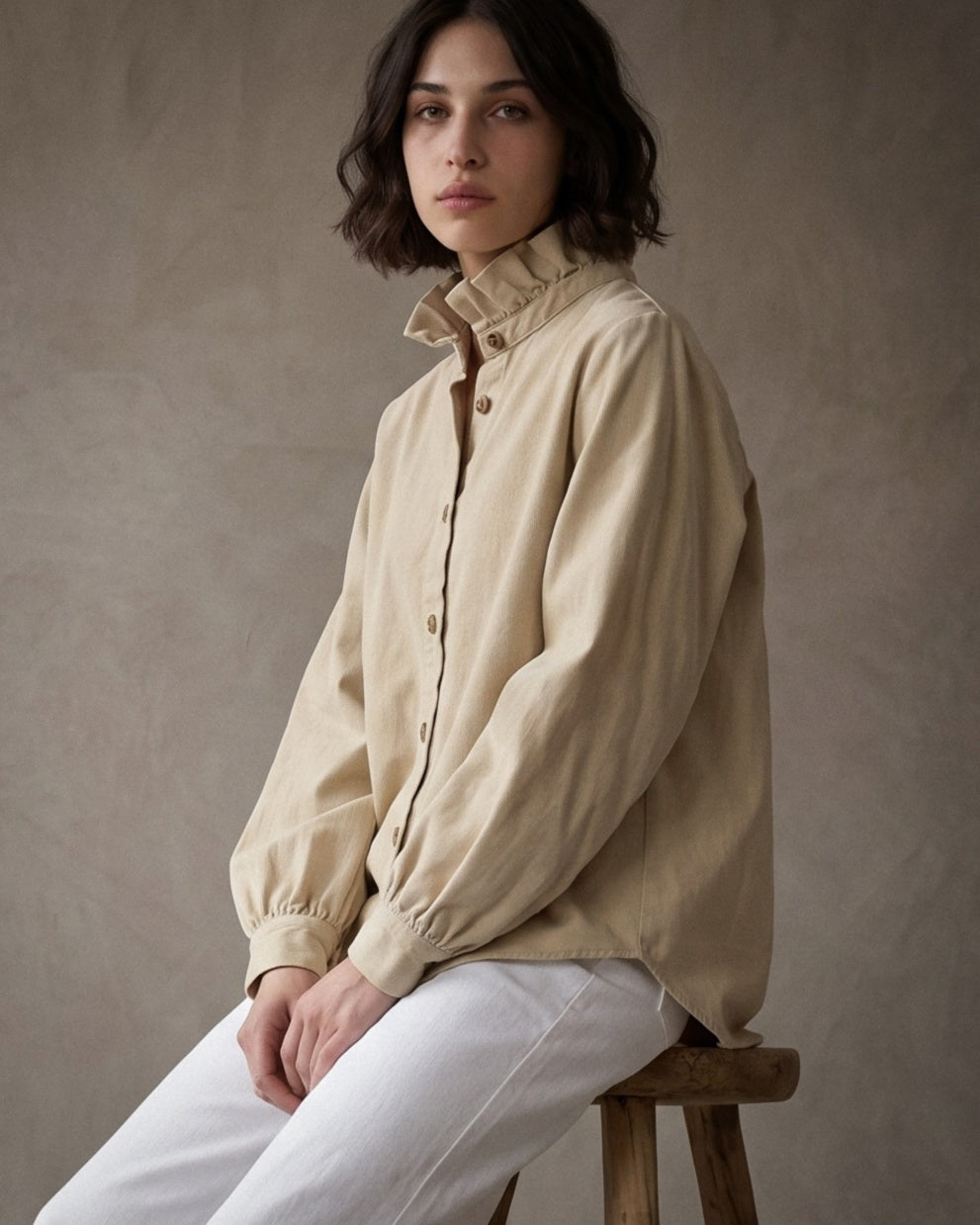 SHIRI | Ruffle Collar Overshirt | Ecru
