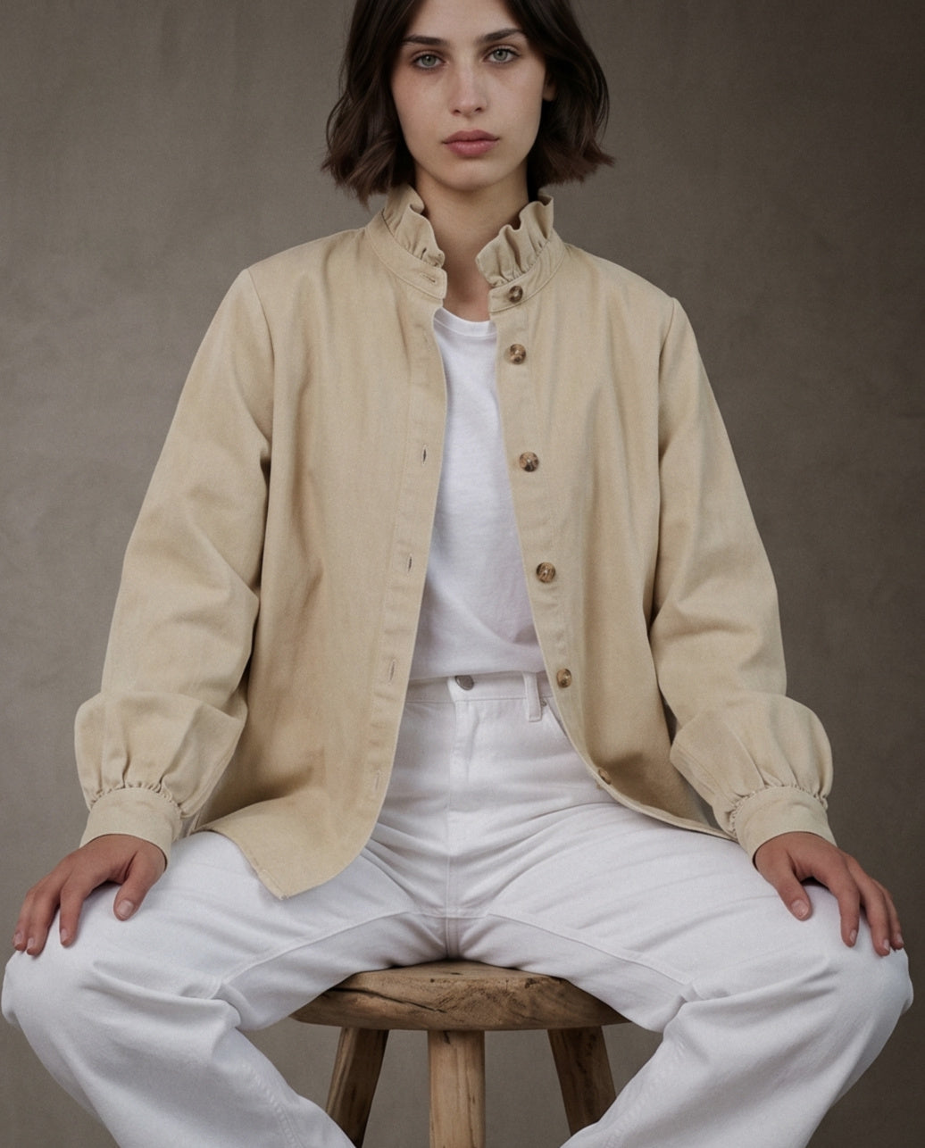 SHIRI | Ruffle Collar Overshirt | Ecru