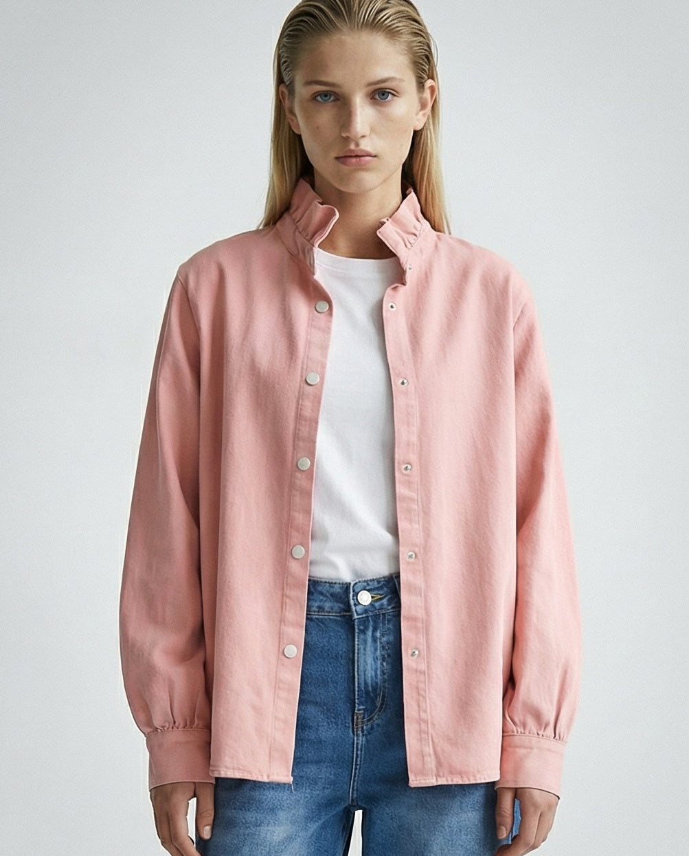 ZARI | Ruffle Collar Overshirt | Pale Pink