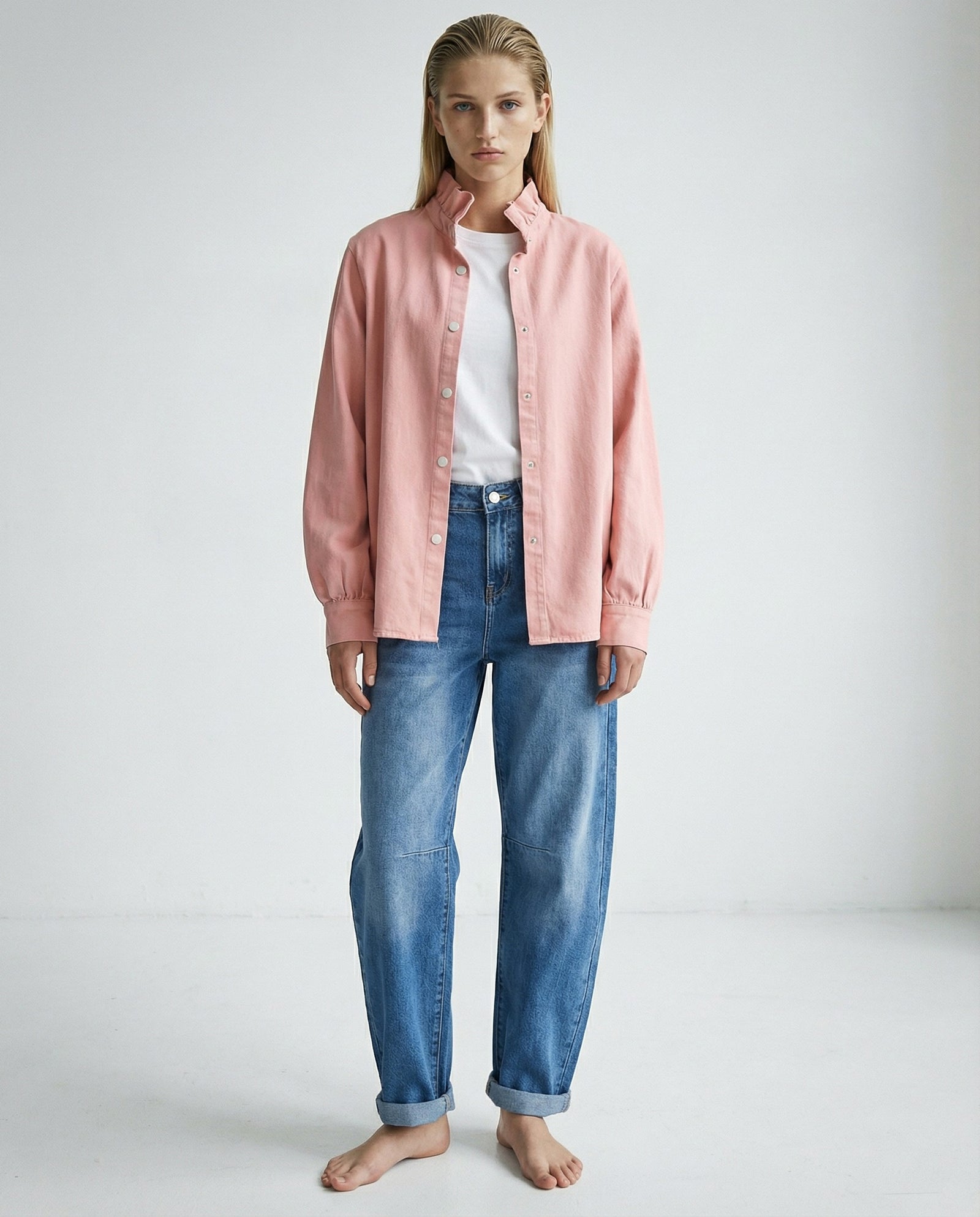 ZARI | Ruffle Collar Overshirt | Pale Pink