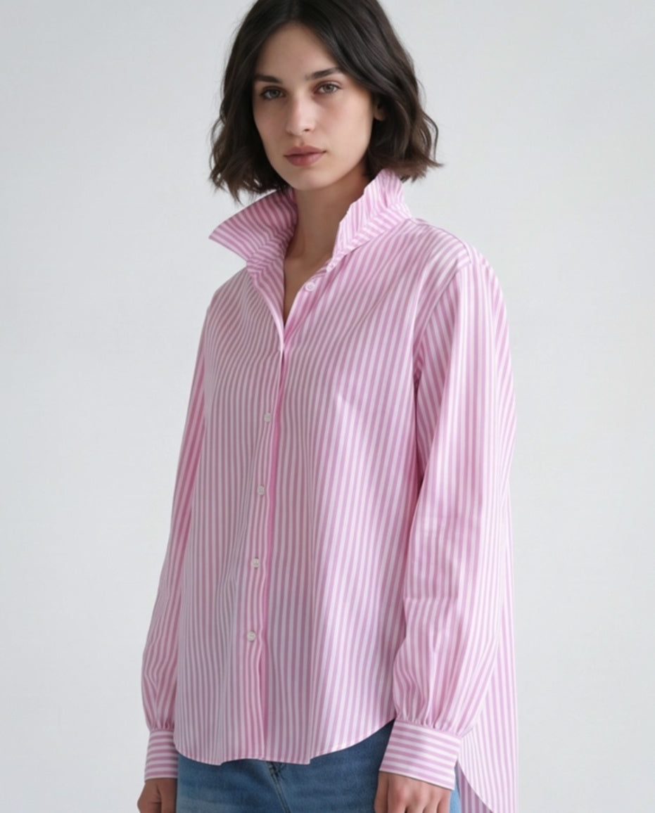 YAEL | Ruffle Collar Shirt Slim Stripe | Pink
