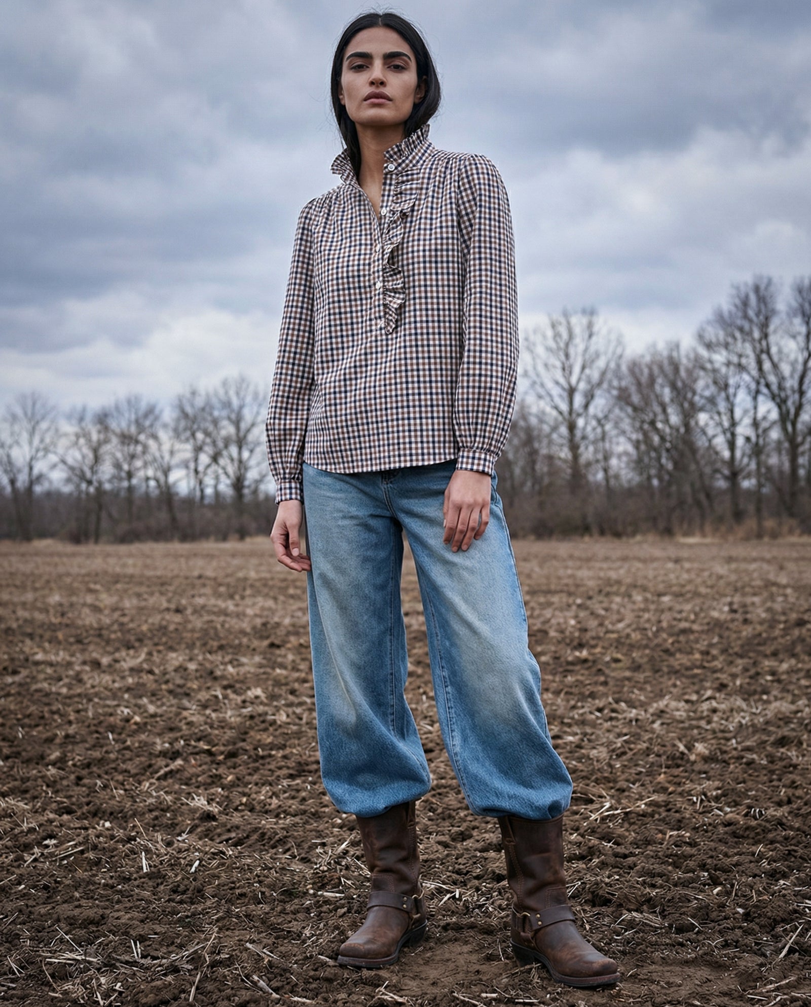 ROMI | Ruffle Collar & Placket Shirt | Brown & Navy