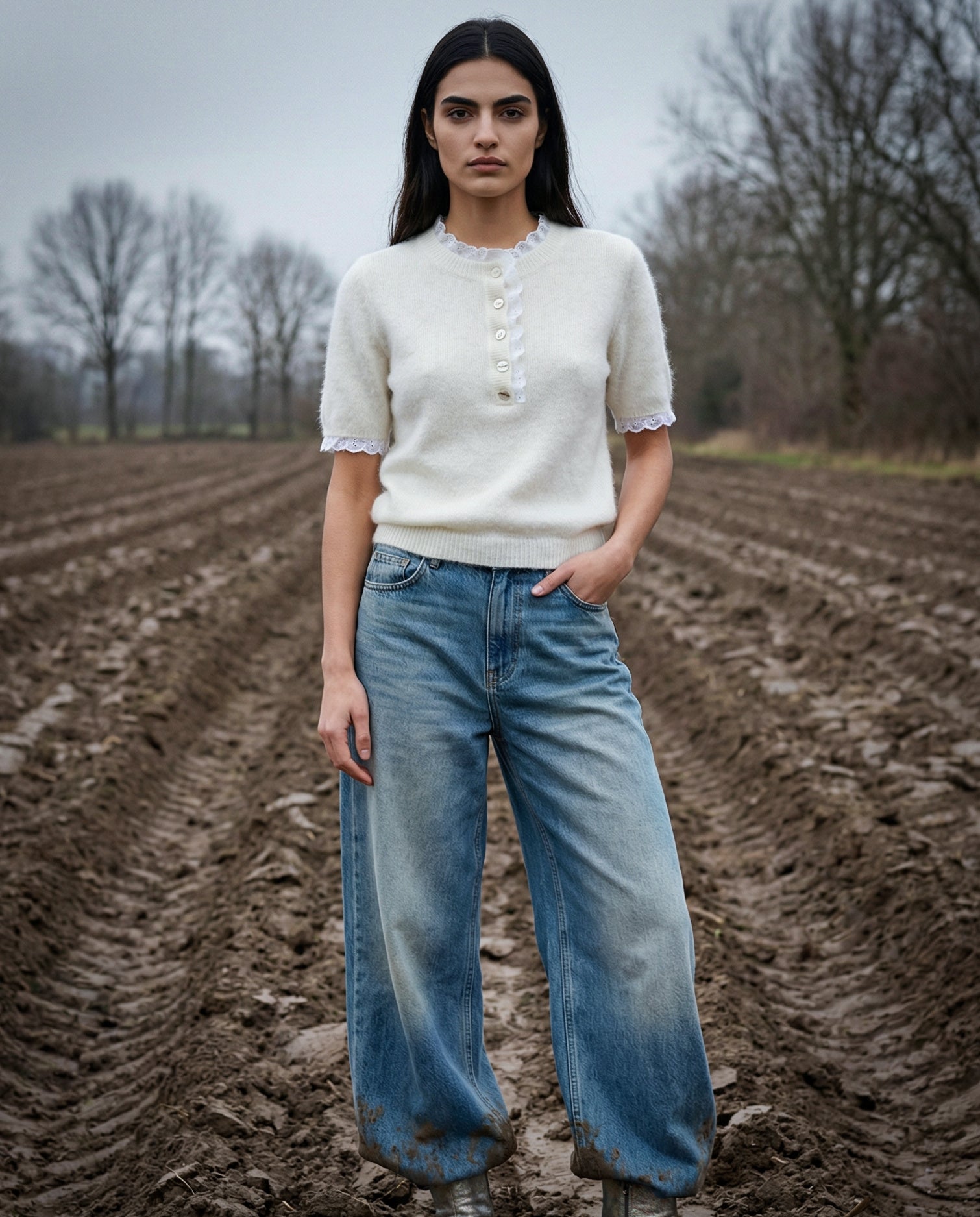 ESTI | Short Sleeve Knit with Trim | Ecru
