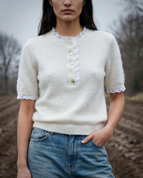 ESTI | Short Sleeve Knit with Trim | Ecru