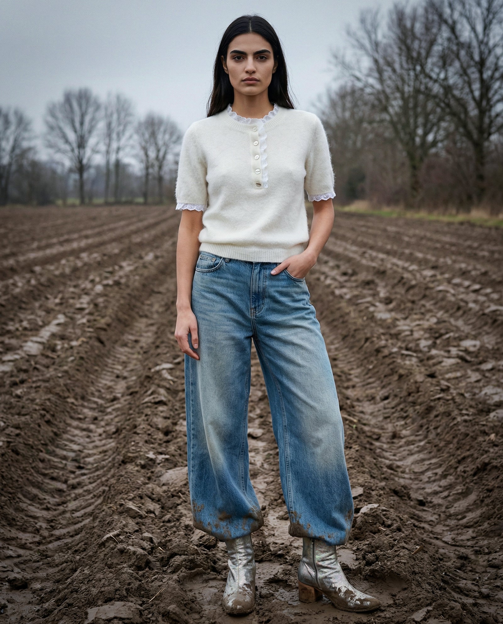 ESTI | Short Sleeve Knit with Trim | Ecru