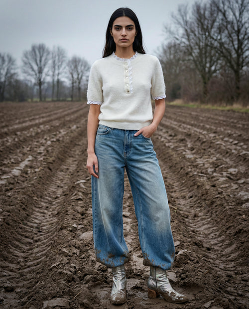 ESTI | Short Sleeve Knit with Trim | Ecru