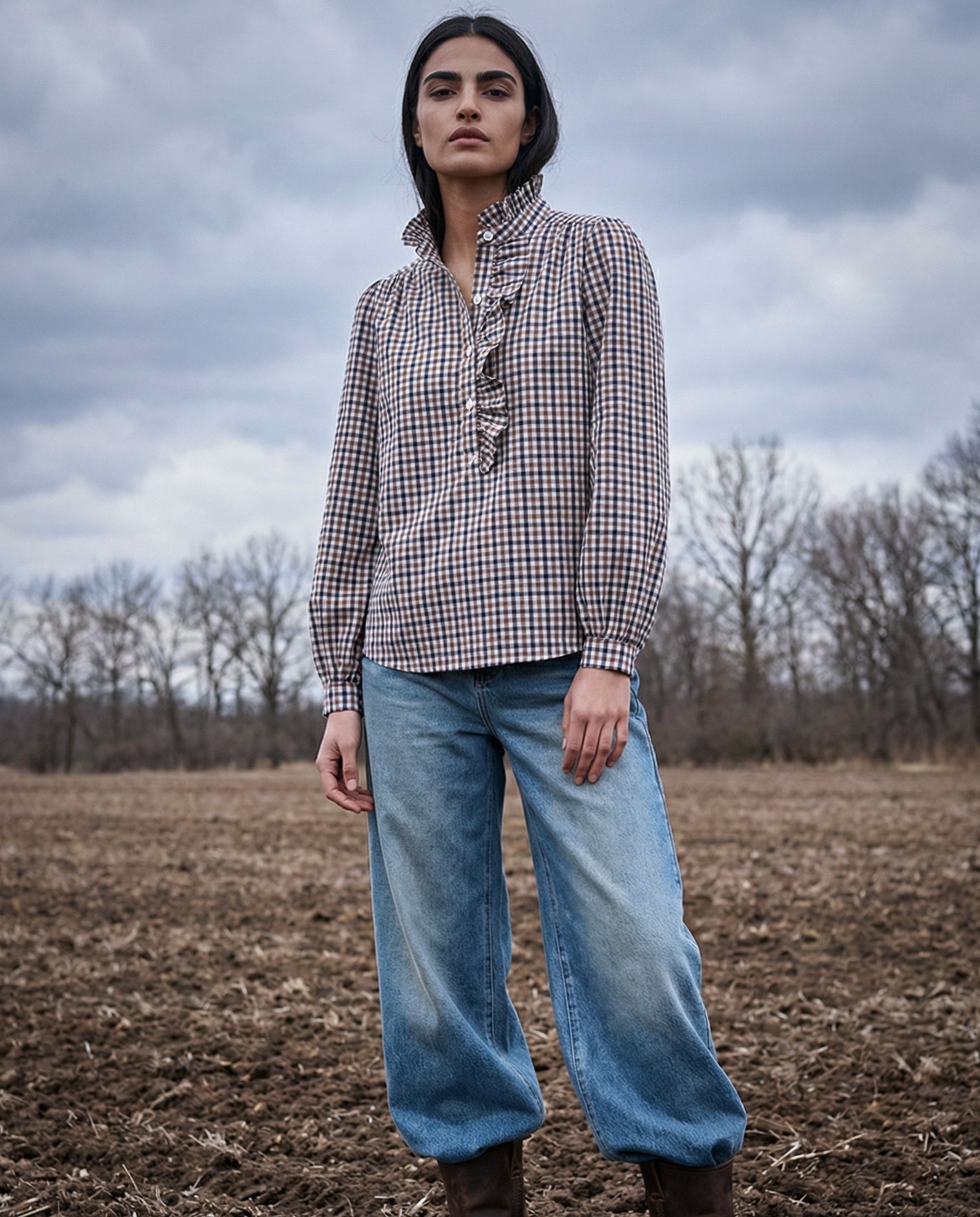 ROMI | Ruffle Collar & Placket Shirt | Brown & Navy