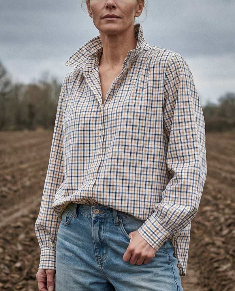 LIEL | Ruffle Collar Shirt Plaid | Beige