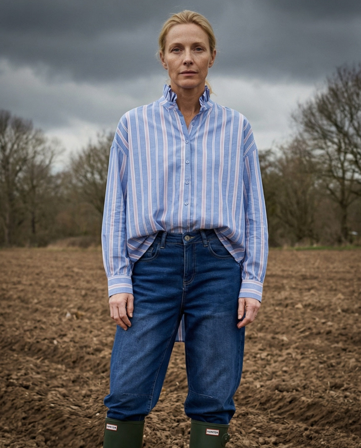 SAMI| Ruffle Collar Shirt Stripes | Pale Blue and Pink Stripe