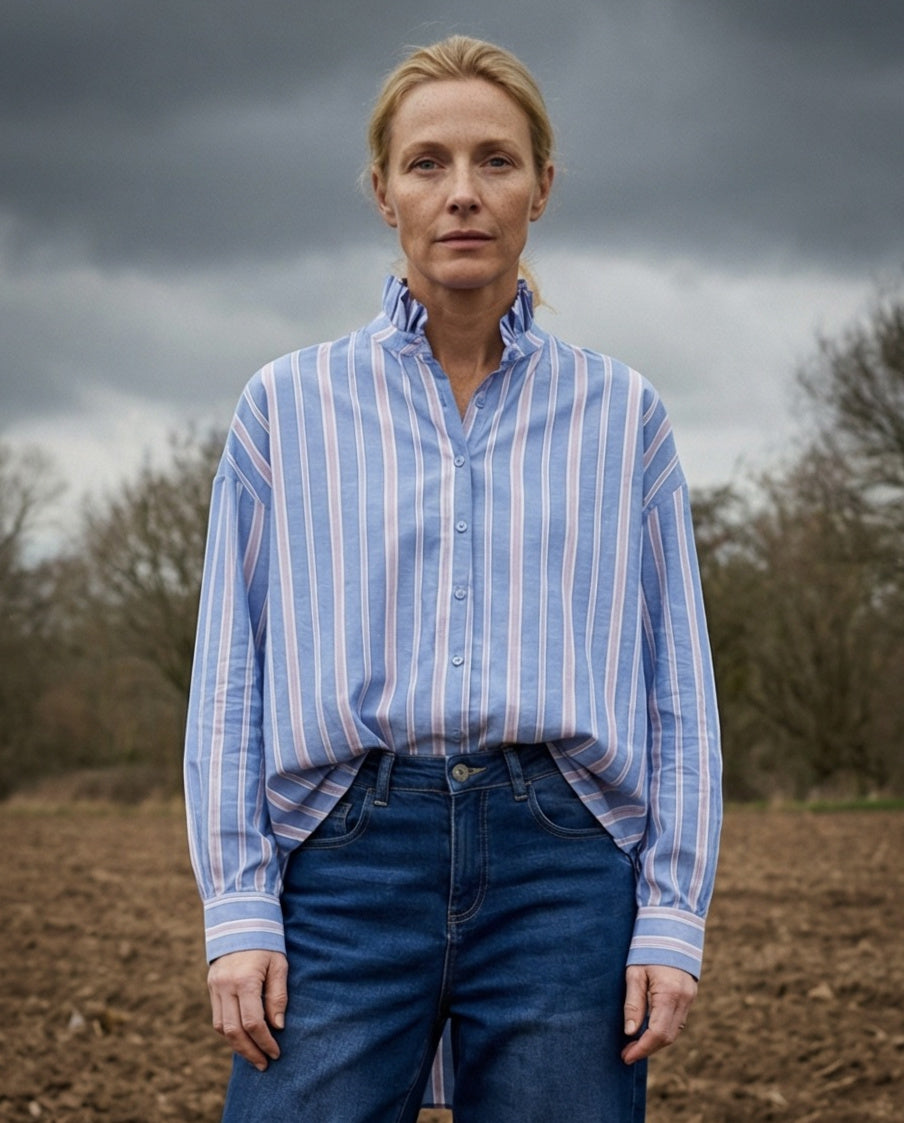 SAMI| Ruffle Collar Shirt Stripes | Pale Blue and Pink Stripe