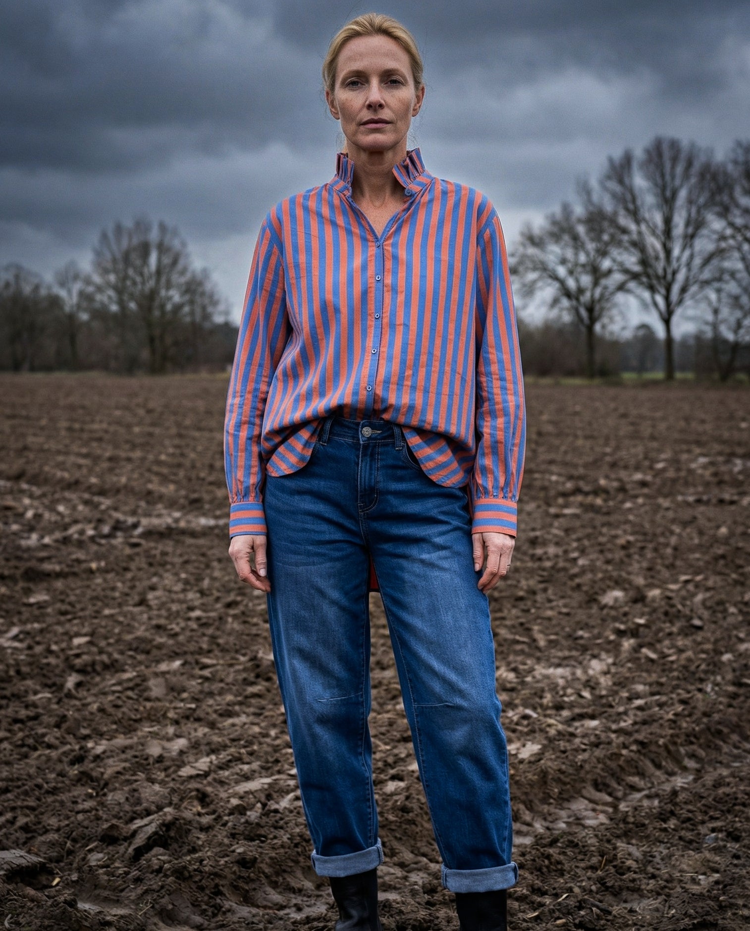 TIVA | Ruffle Collar Shirt Vibrant Stripe | Blue & Pink