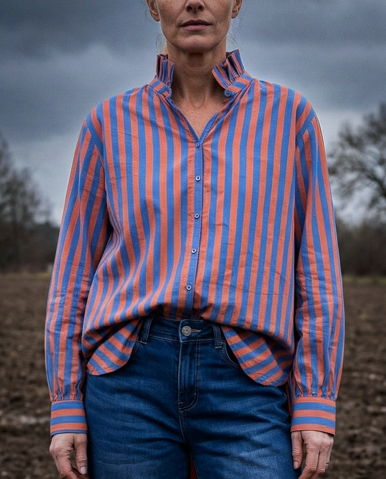 TIVA | Ruffle Collar Shirt Vibrant Stripe | Blue & Pink