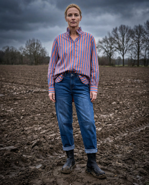 TIVA | Ruffle Collar Shirt Vibrant Stripe | Blue & Pink