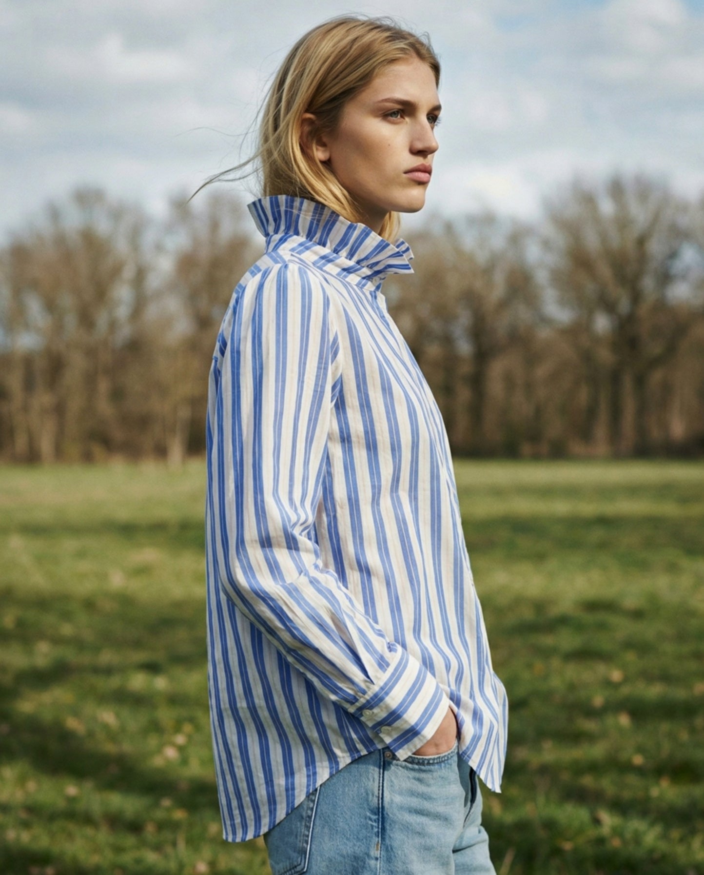 AIYA | Ruffle Collar Striped Shirt | Blue