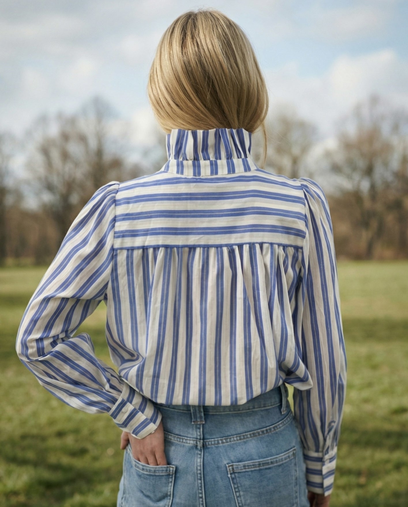 AIYA | Ruffle Collar Striped Shirt | Blue
