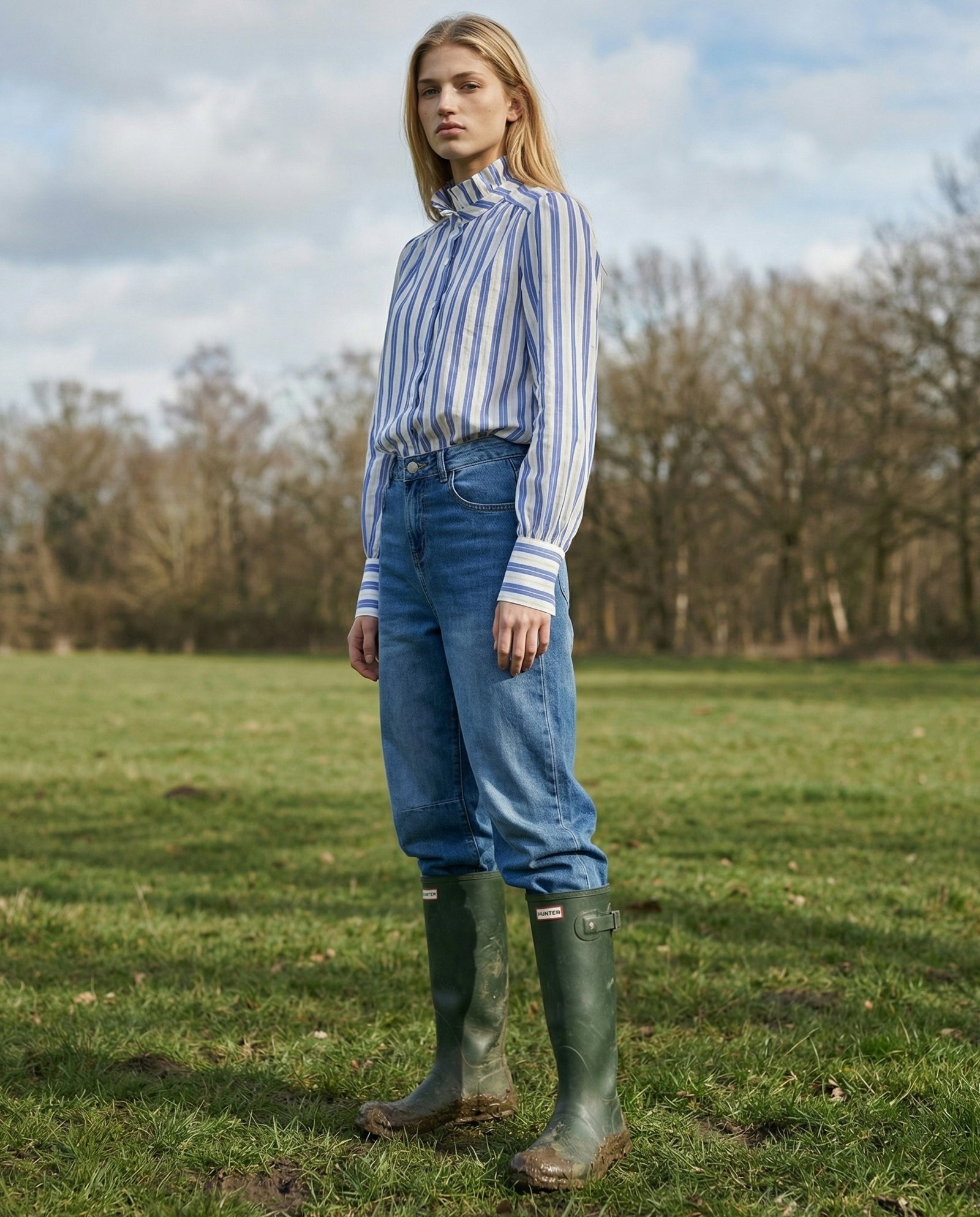 AIYA | Ruffle Collar Striped Shirt | Blue