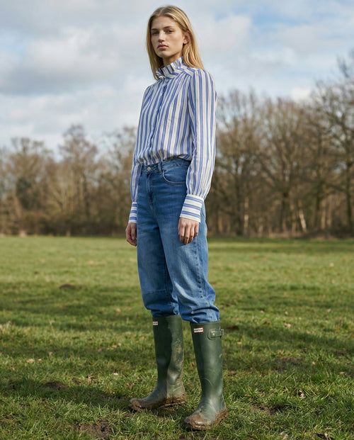 AIYA | Ruffle Collar Striped Shirt | Blue