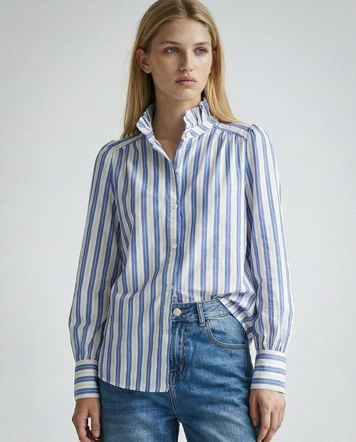 AIYA | Ruffle Collar Striped Shirt | Blue