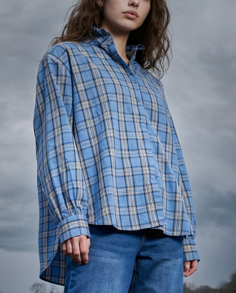 ALYA | Ruffle Collar Shirt Blue Plaid | Blue and Yellow