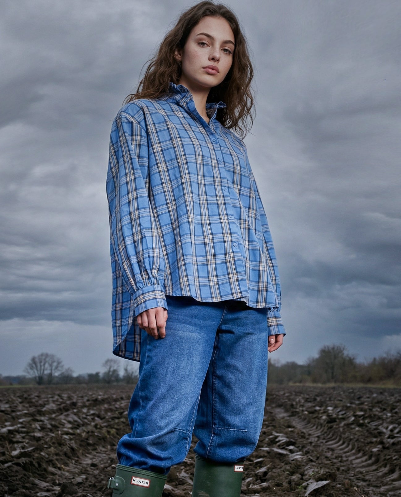 ALYA | Ruffle Collar Shirt Blue Plaid | Blue and Yellow