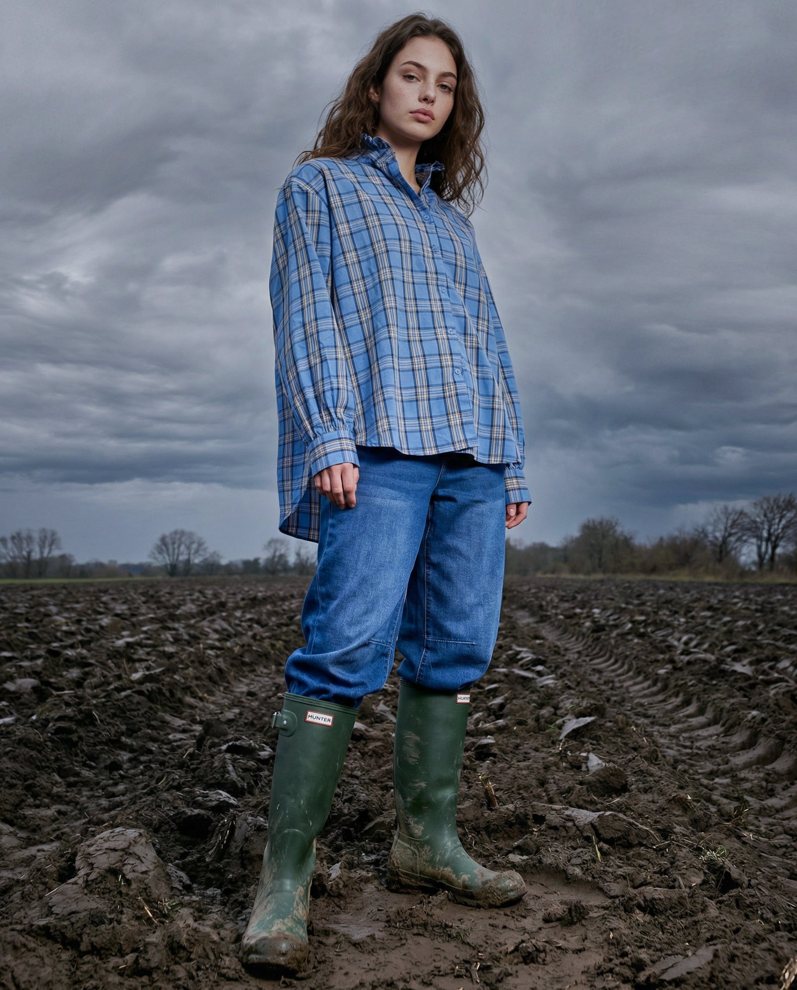 ALYA | Ruffle Collar Shirt Blue Plaid | Blue and Yellow