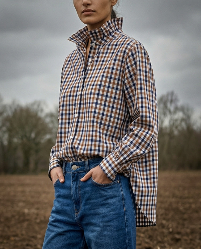 MIKA | Ruffle Collar Shirt Check | Brown & Navy