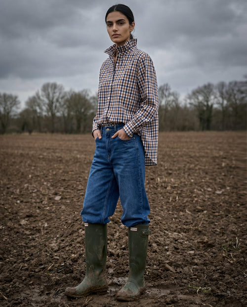 MIKA | Ruffle Collar Shirt Check | Brown & Navy