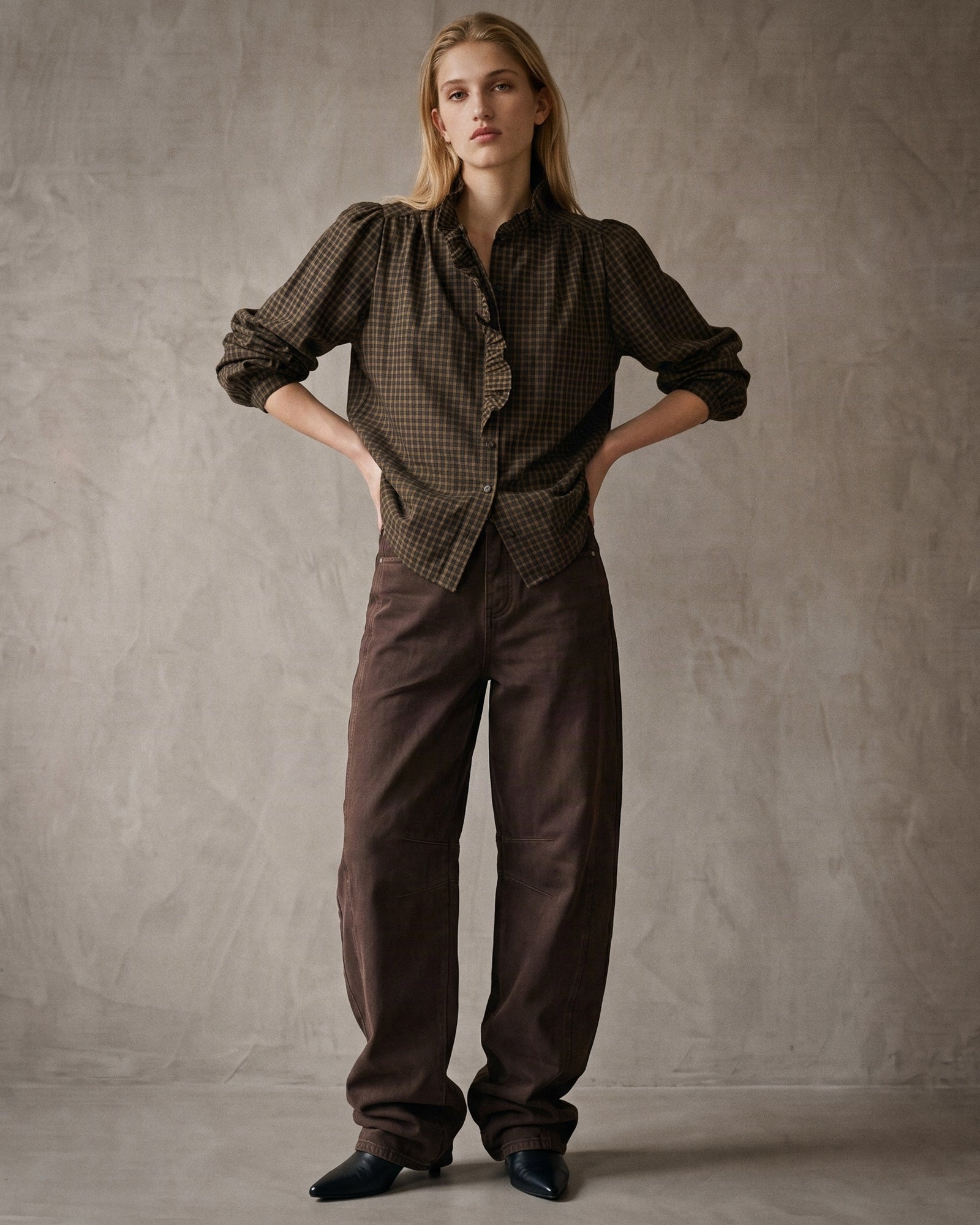 ELARA | Ruffle Collar Shirt | Choc & Olive
