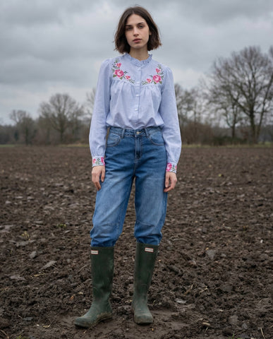 ALIZA | Ruffle Collar & Packet Shirt | Pinstripe