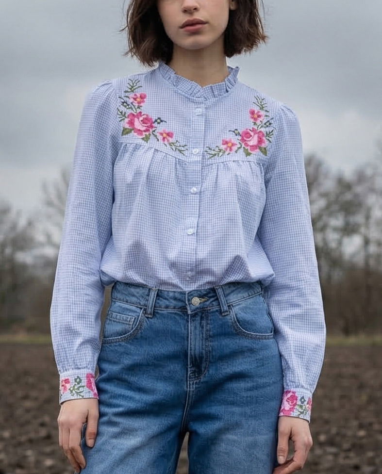 AYALA | Embroidered Ruffle Shirt | Pale Blue Stripe