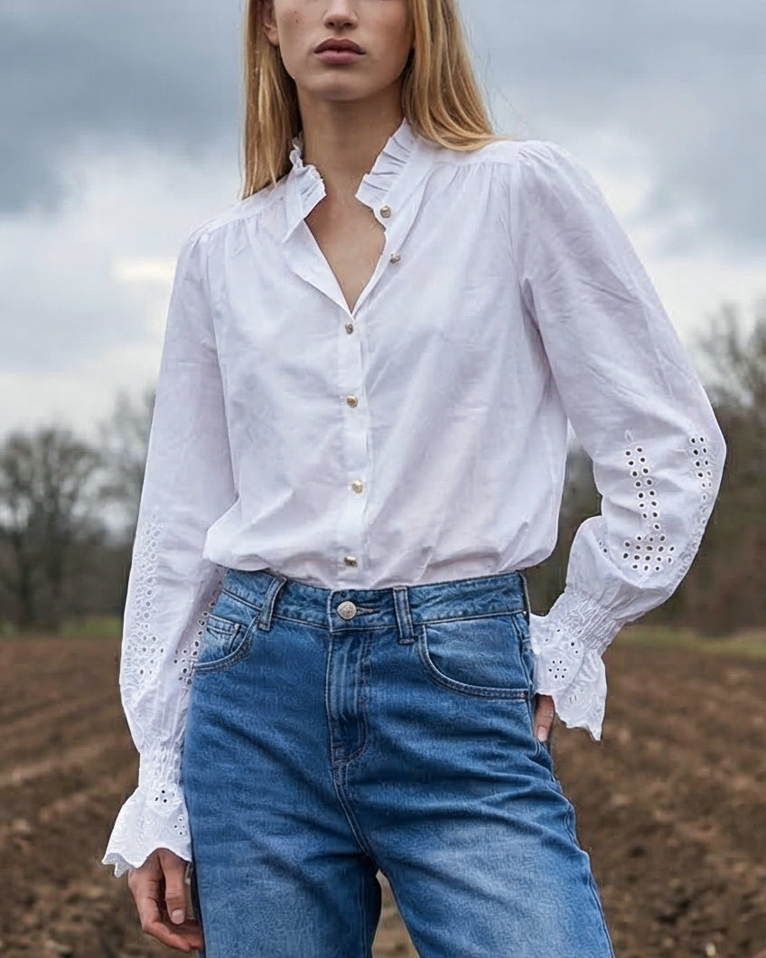 LIBI | Ruffle Collar Buttoned Shirt | White