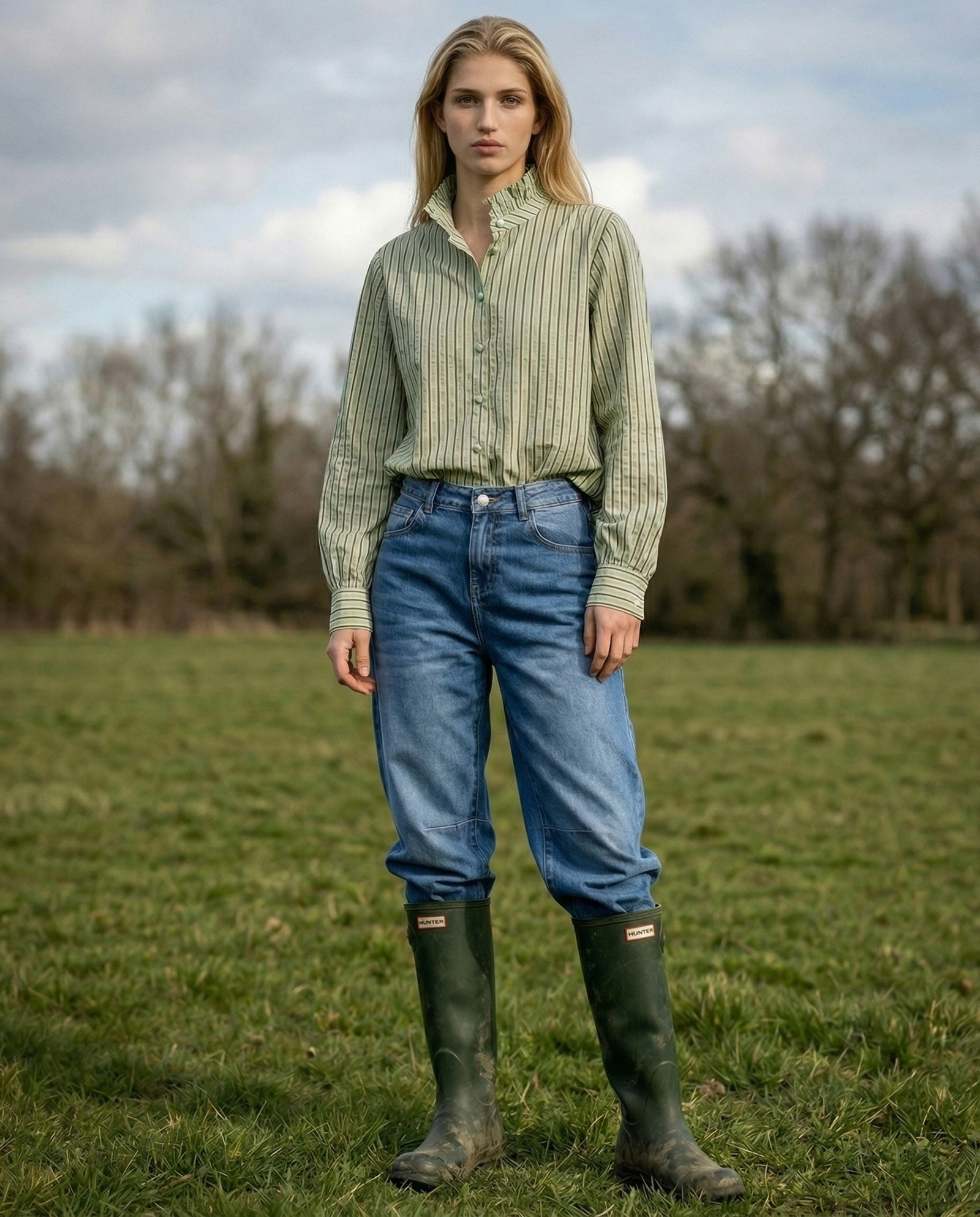 TIVA | Ruffle Collar Shirt | Green & Brown